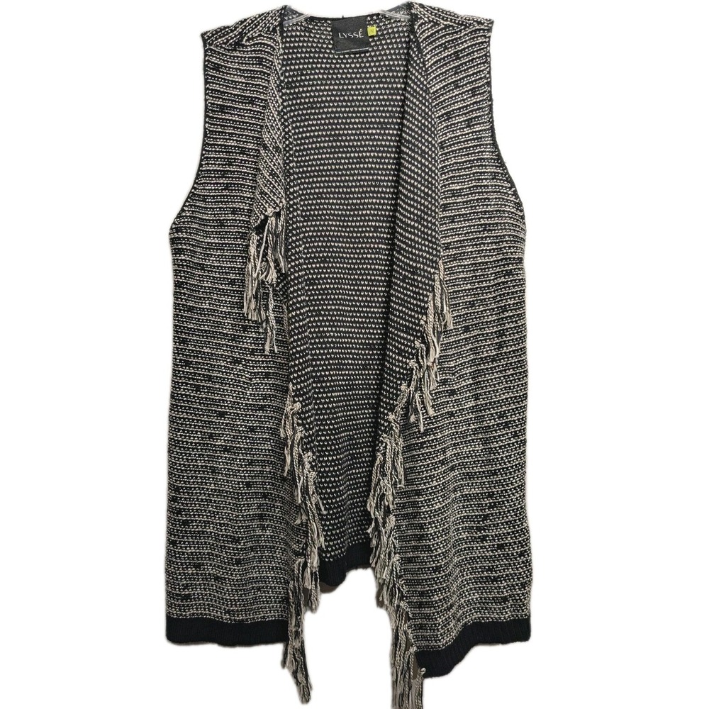 Lyssé Sweater Cardigan Vest Women L/XL Knit Fringe Open Front Pocket Boho EUC